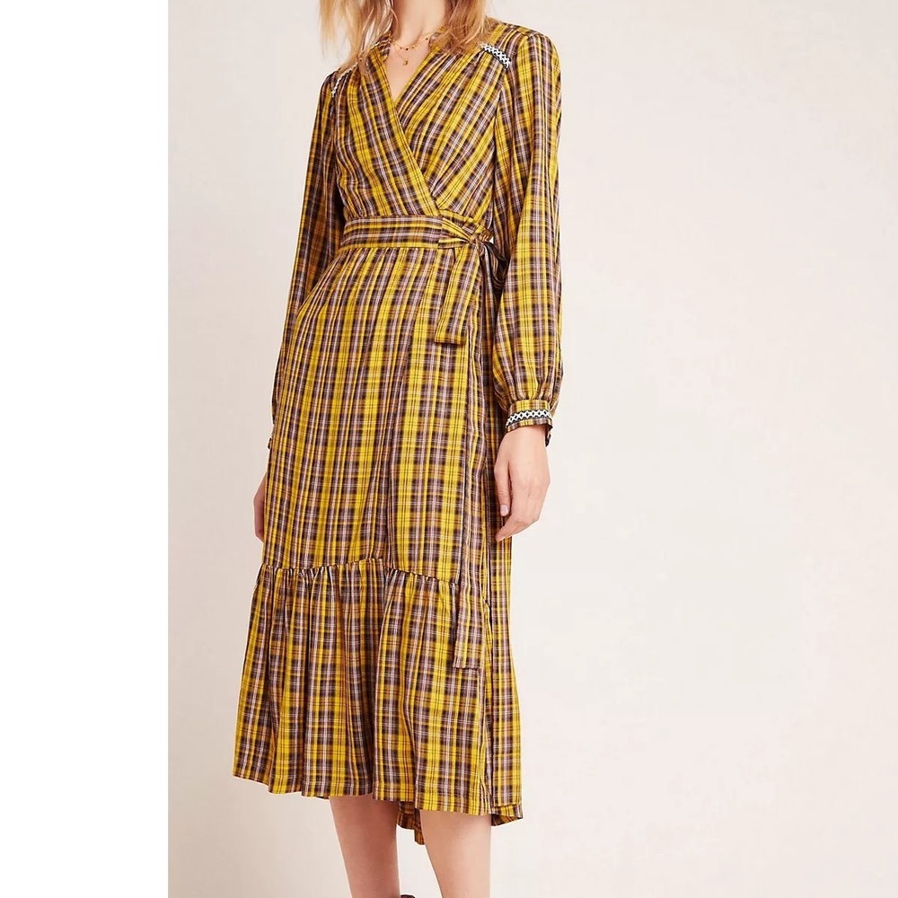 Anthropologie Plaid Wrap Midi Dress Yellow Brown Long Sleeve Tiered Ruffle L t2